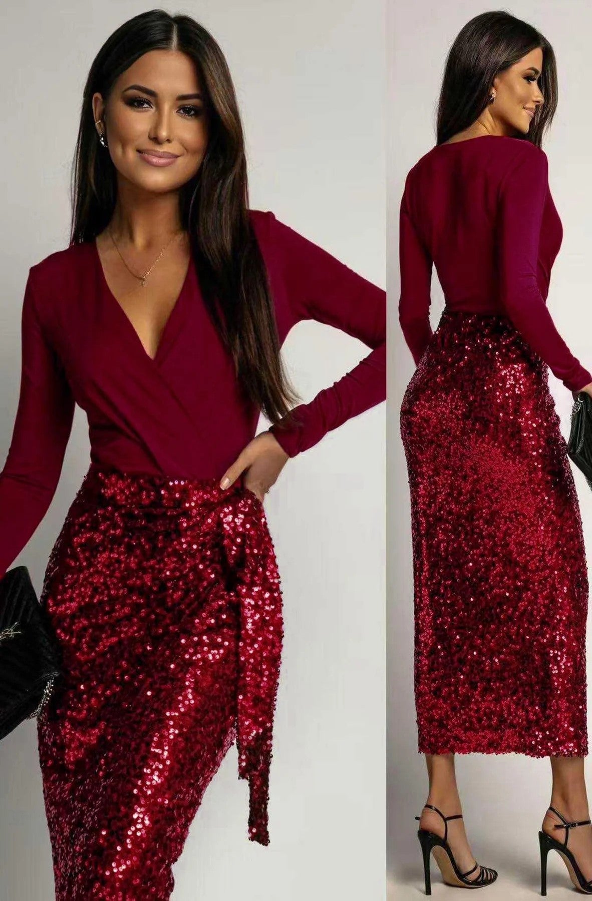 ✨ Aureline Sequin Wrap Long-Sleeve Midi Dress-Wine ✨