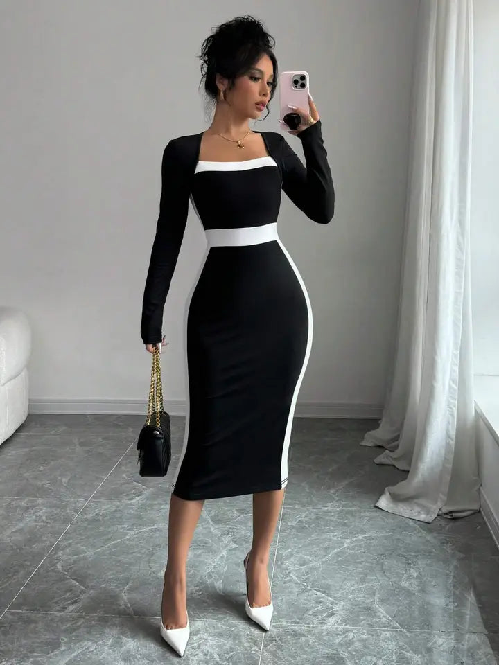 Patchwork Color Contrast Medium Length Dress