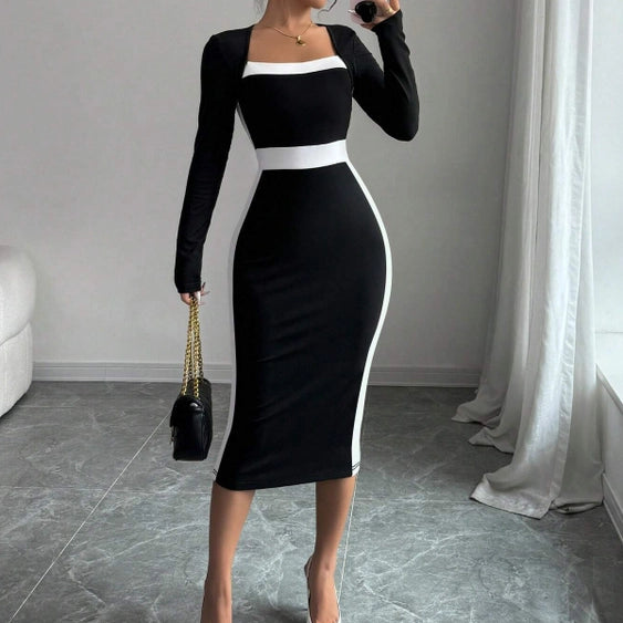 Patchwork Color Contrast Medium Length Dress