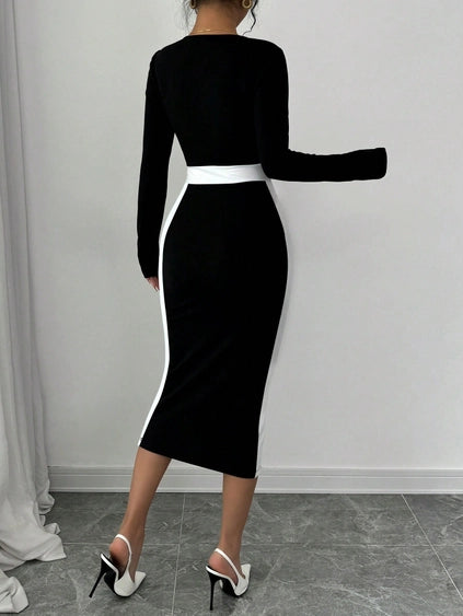 Patchwork Color Contrast Medium Length Dress