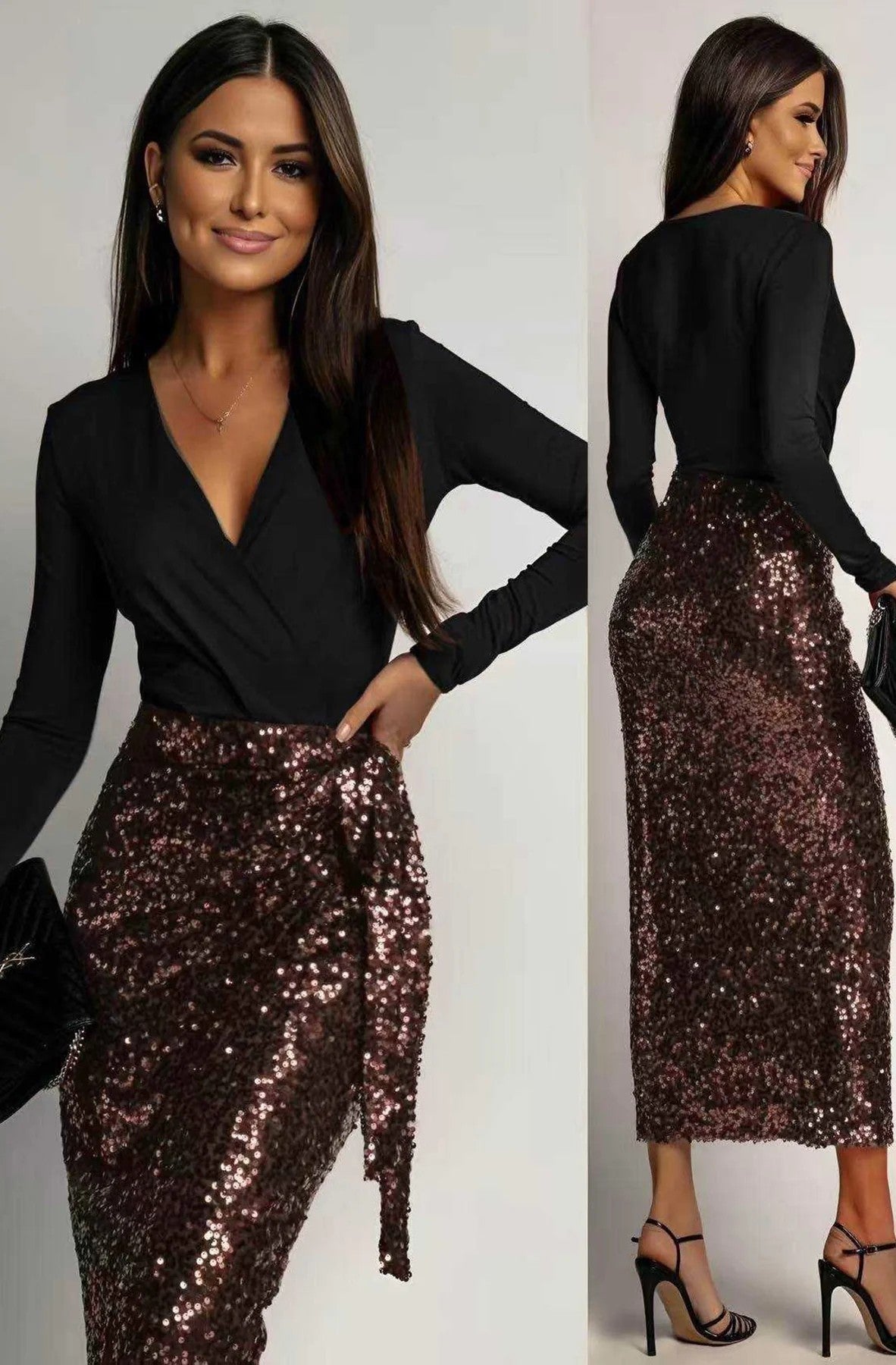 ✨ Aureline Sequin Wrap Long-Sleeve Midi Dress-Bronze ✨