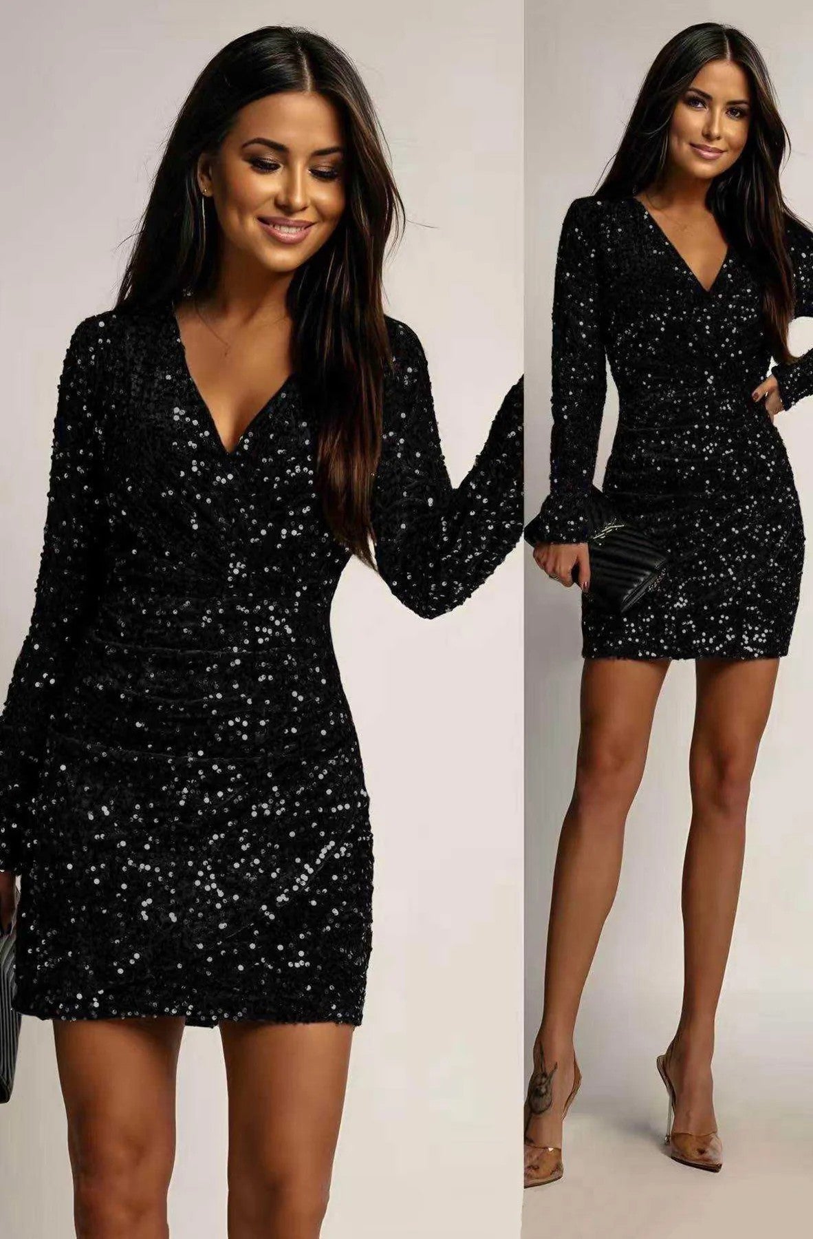 ✨ Noelia Sequin Stretch V-Neck Long Sleeve Mini Dress ✨
