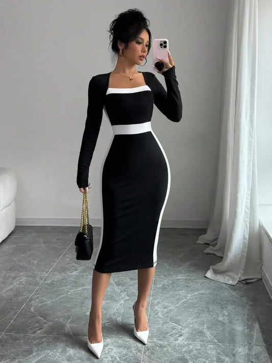 Patchwork Color Contrast Medium Length Dress