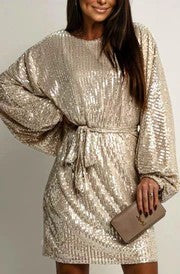 ✨ Verenna Sequin Batwing Belted Mini Dress-Gold ✨