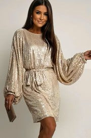 ✨ Verenna Sequin Batwing Belted Mini Dress-Gold ✨