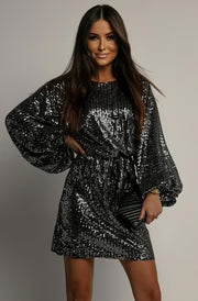 ✨ Verenna Sequin Batwing Belted Mini Dress-Silver ✨